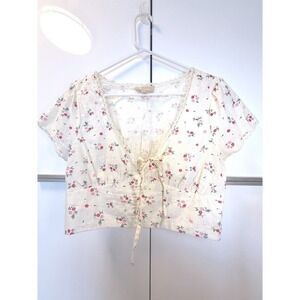 Floral Crop Top Cream Linen Blend Lace Trim Smocked Back M 100% cotton